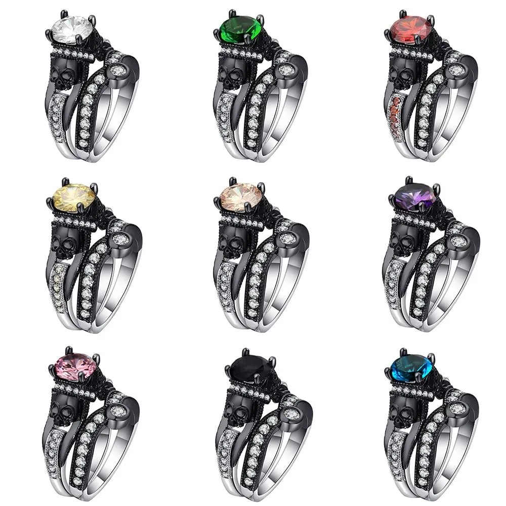 Skull Ring Set For Women Style Fashion Jewelry Charm Black Round Cubic Zirconia Set