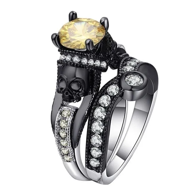 Skull Ring Set For Women Style Fashion Jewelry Charm Black Round Cubic Zirconia Set