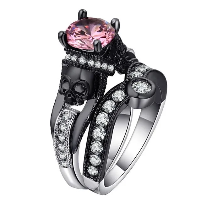 Skull Ring Set For Women Style Fashion Jewelry Charm Black Round Cubic Zirconia Set