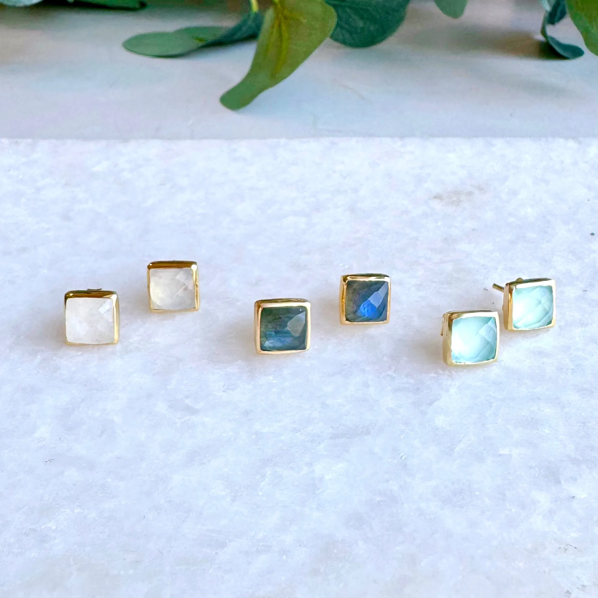 Square Gold Stone Stud Earrings: Moonstone