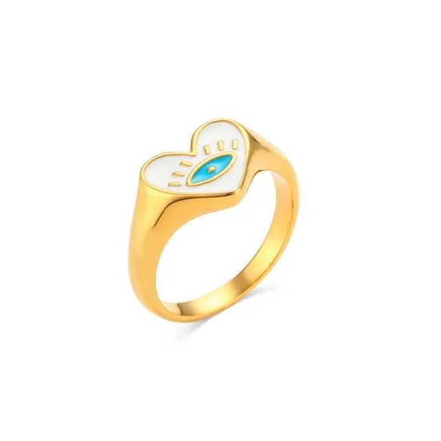 Stainless Steel 18K Gold Plated Heart Evil Eye Ring