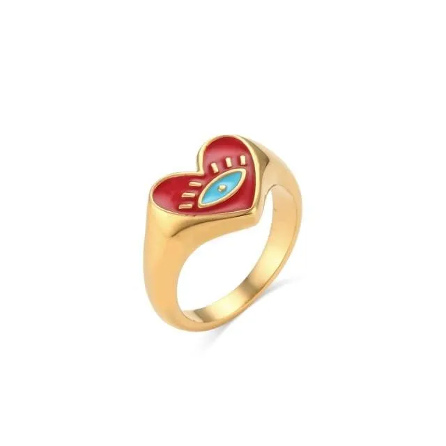 Stainless Steel 18K Gold Plated Heart Evil Eye Ring