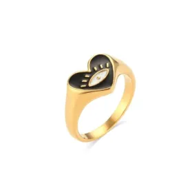 Stainless Steel 18K Gold Plated Heart Evil Eye Ring