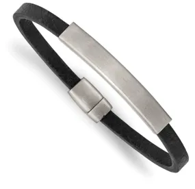 Stainless Steel Brushed Black Textured Leather ID Bracelet (SI3606)