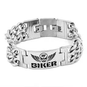 Stainless Steel Double Chain Link Wings Skull Biker Bracelet