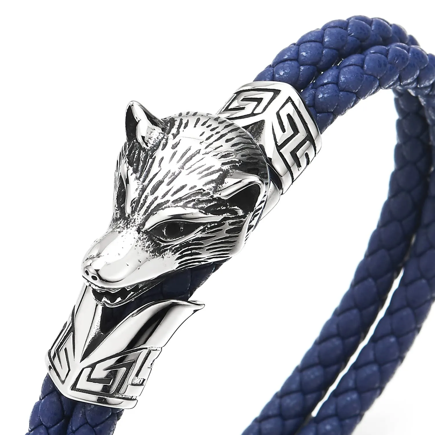 Stainless Steel Mens Wolf Head Bracelet with Dark Blue Genuine Braided Leather