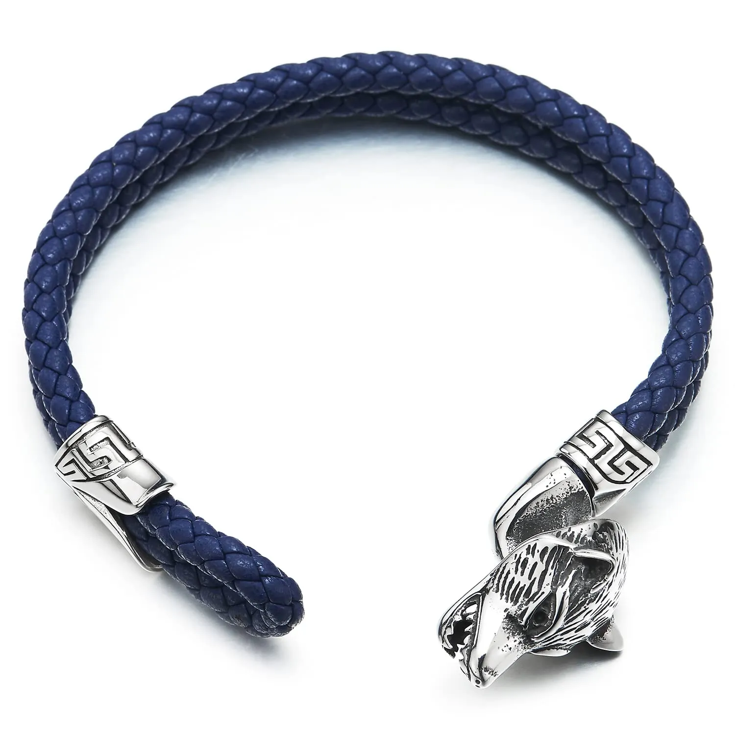 Stainless Steel Mens Wolf Head Bracelet with Dark Blue Genuine Braided Leather