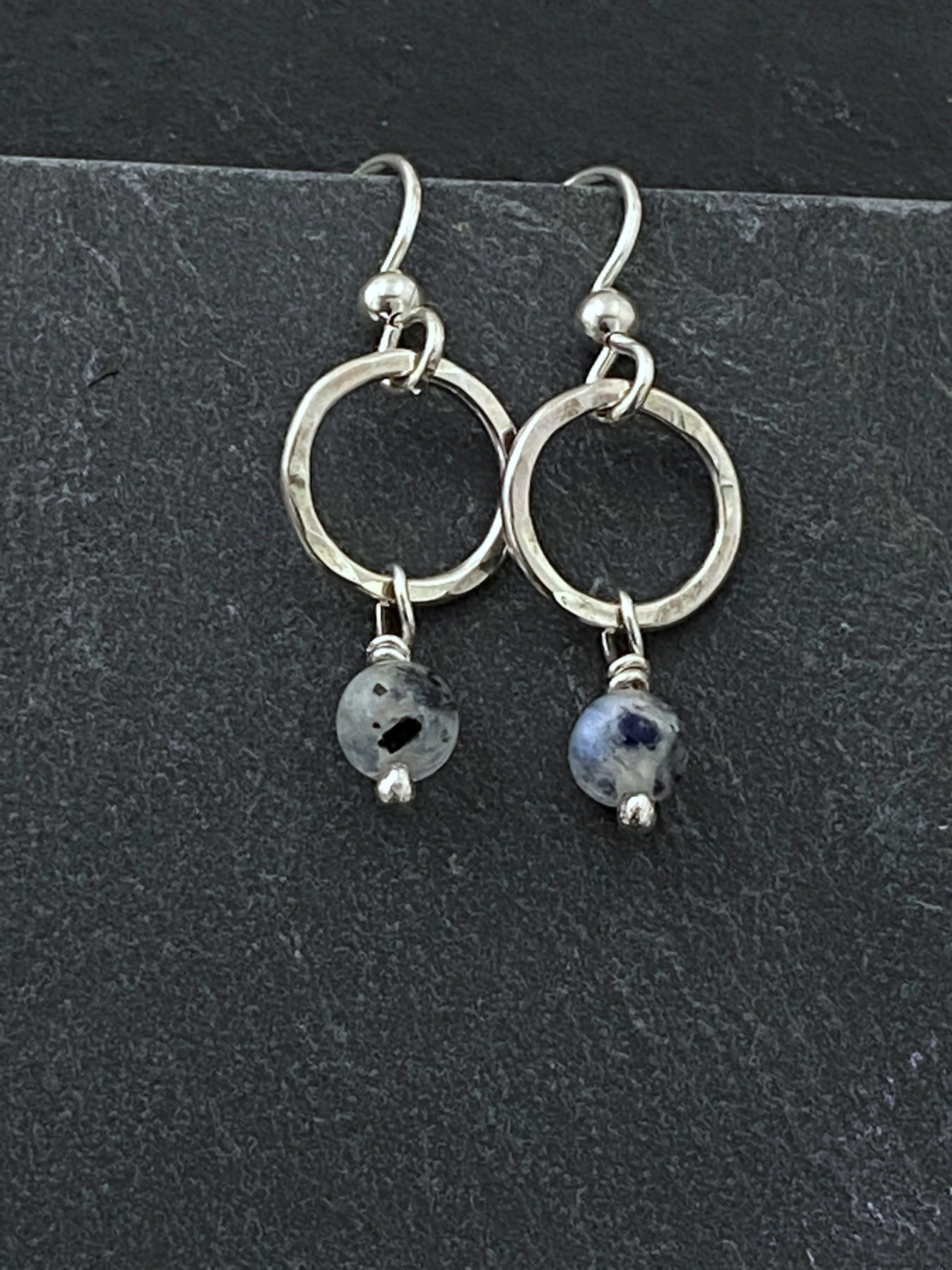 Sterling hoop earrings with rainbow moonstone