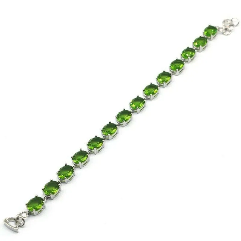 Sterling Silver Oval Cut Green Peridot Tennis Bracelet