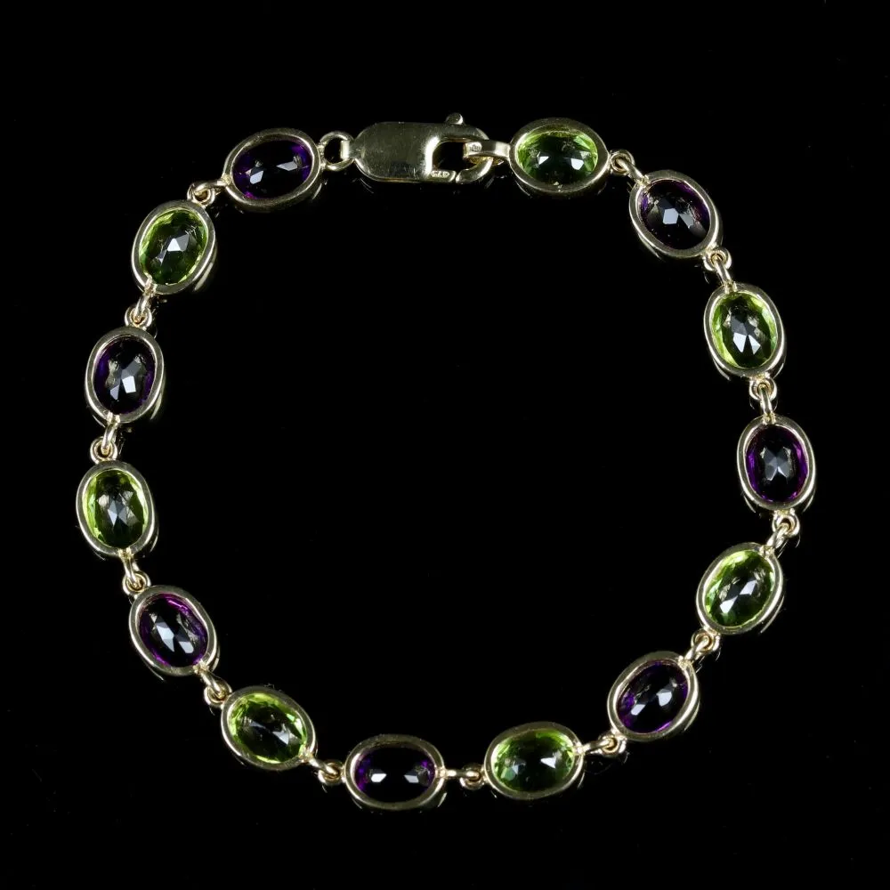 Suffragette Style  Amethyst Peridot Bracelet 9Ct Gold Bracelet