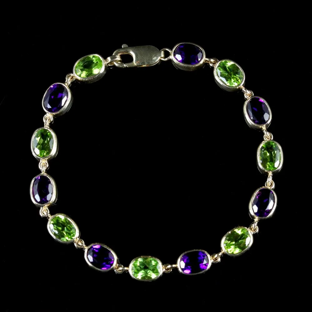 Suffragette Style  Amethyst Peridot Bracelet 9Ct Gold Bracelet