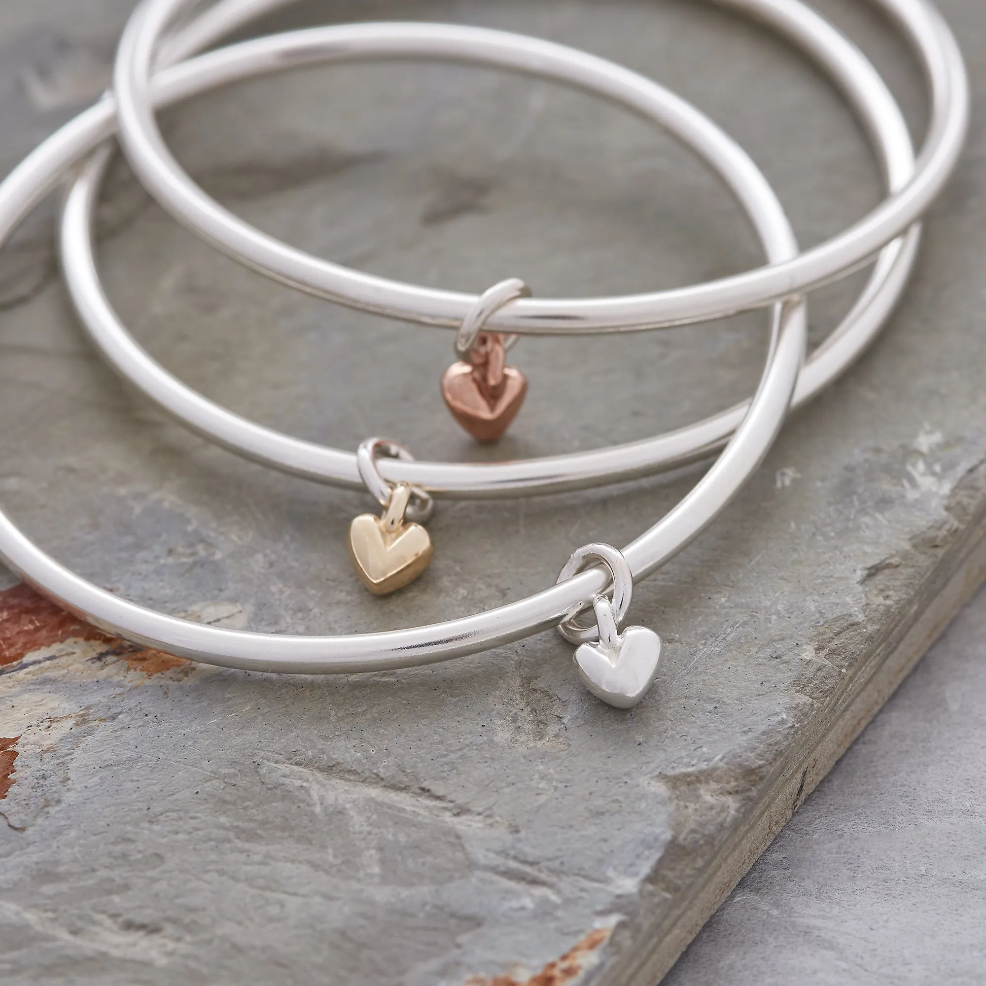 Sweetheart Silver & Rose Gold Heart Charm Bangle