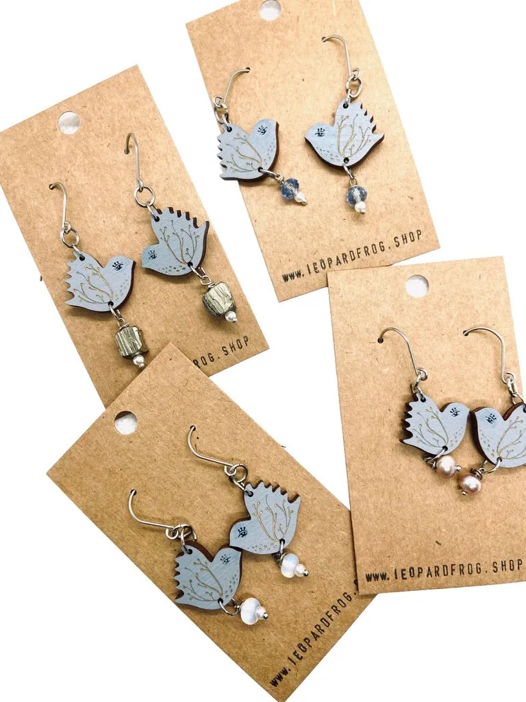 Tiny Blue Bird Dangling Earrings, Lightweight Wooden earrings, Artistic Jewelry