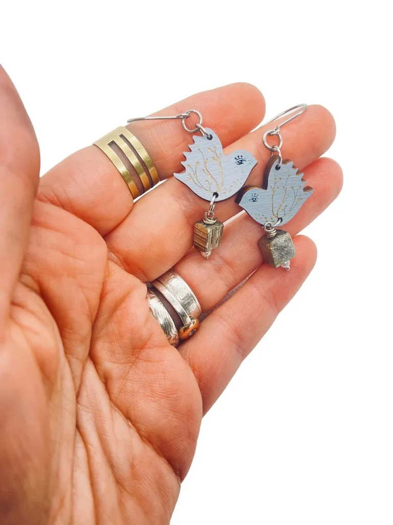 Tiny Blue Bird Dangling Earrings, Lightweight Wooden earrings, Artistic Jewelry