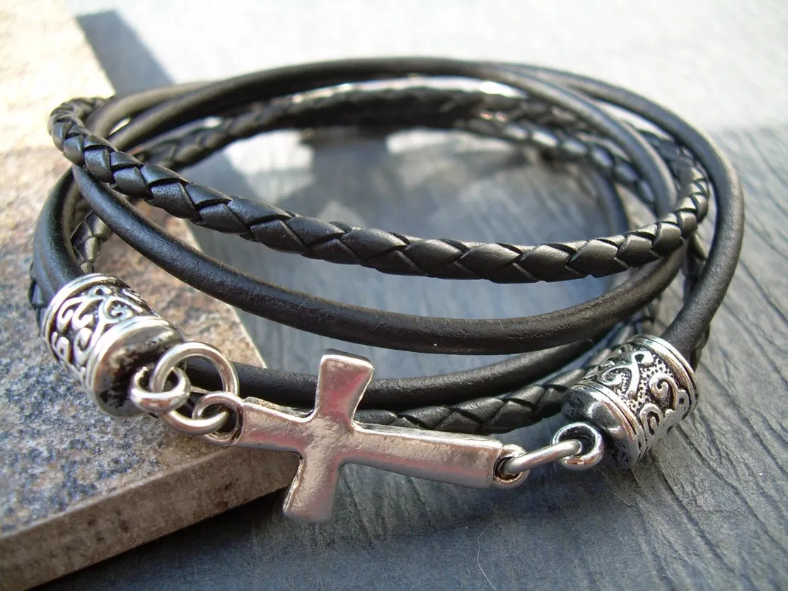 Triple Wrap Cross Braided Leather Bracelet