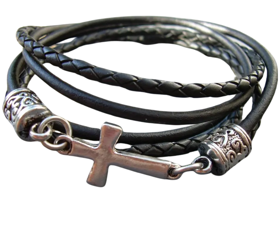 Triple Wrap Cross Braided Leather Bracelet