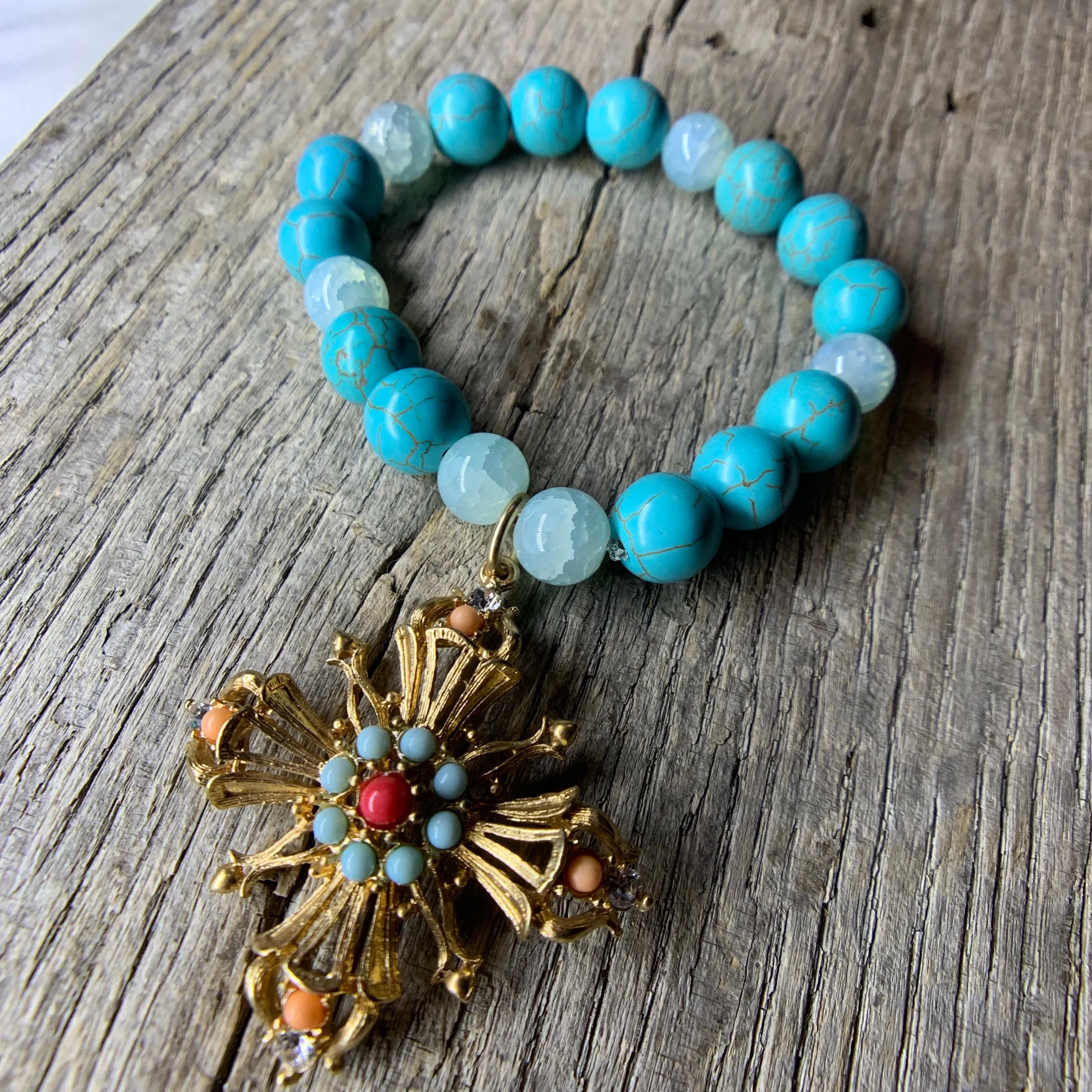 Turquoise & Glass Beaded Bracelet with Vintage Pendant Charm