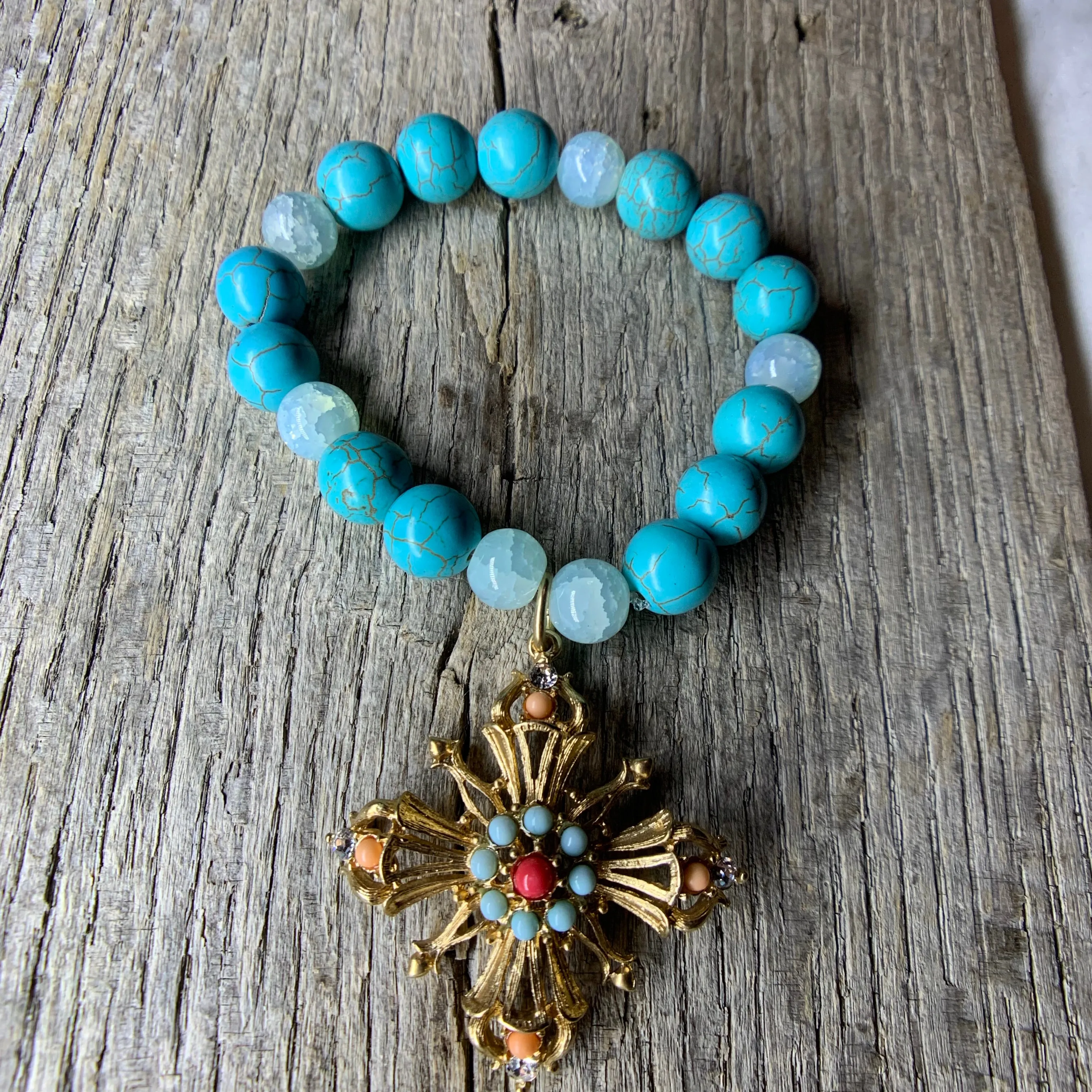 Turquoise & Glass Beaded Bracelet with Vintage Pendant Charm