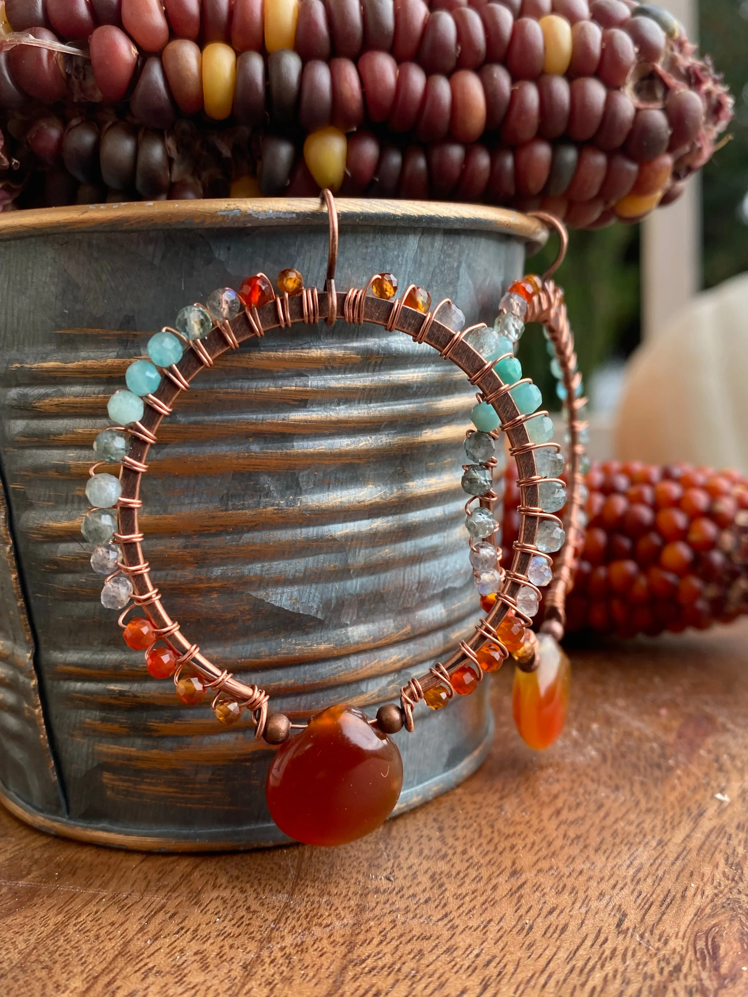 Turquoise blues and Carnelian agate stone, copper hoop metal, wire wrapped, earrings