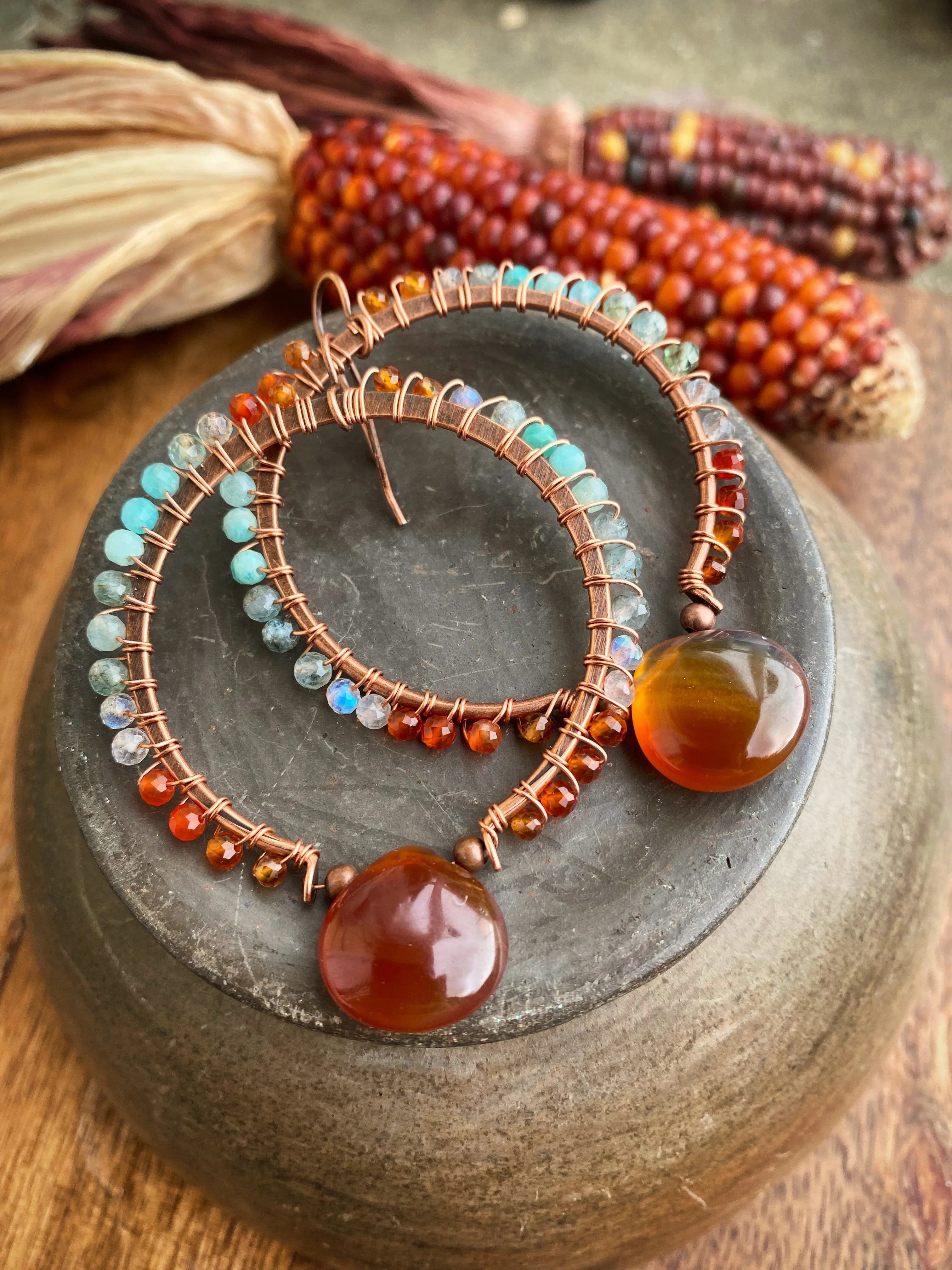 Turquoise blues and Carnelian agate stone, copper hoop metal, wire wrapped, earrings