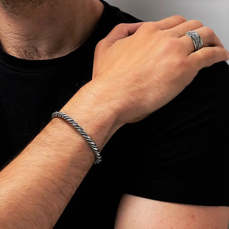 Twisted Sterling Silver Bangle Bar Bracelet For Men