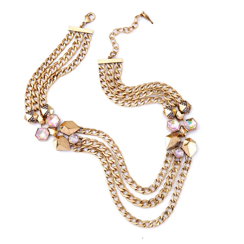 Unique Gold Plated Retro Set Crystal European Women Multilayer Necklace