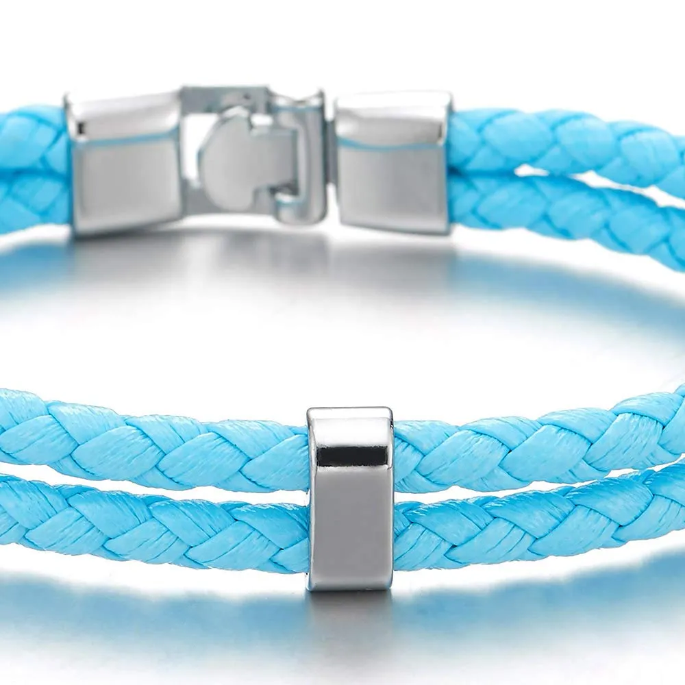 Unique Two-Row Sky Blue Braided Leather Bangle Bracelet Men Women