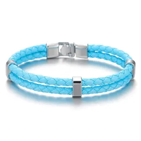 Unique Two-Row Sky Blue Braided Leather Bangle Bracelet Men Women