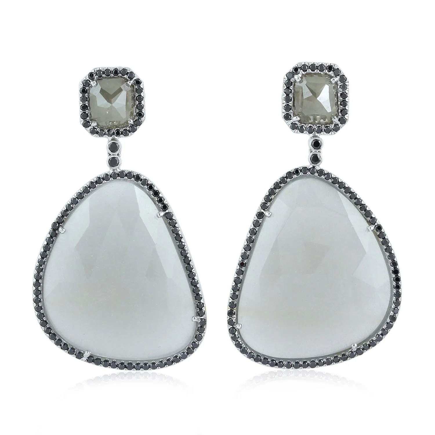 Unshaped Moonstone Pave Diamond Antique Danglers in 18k White Gold