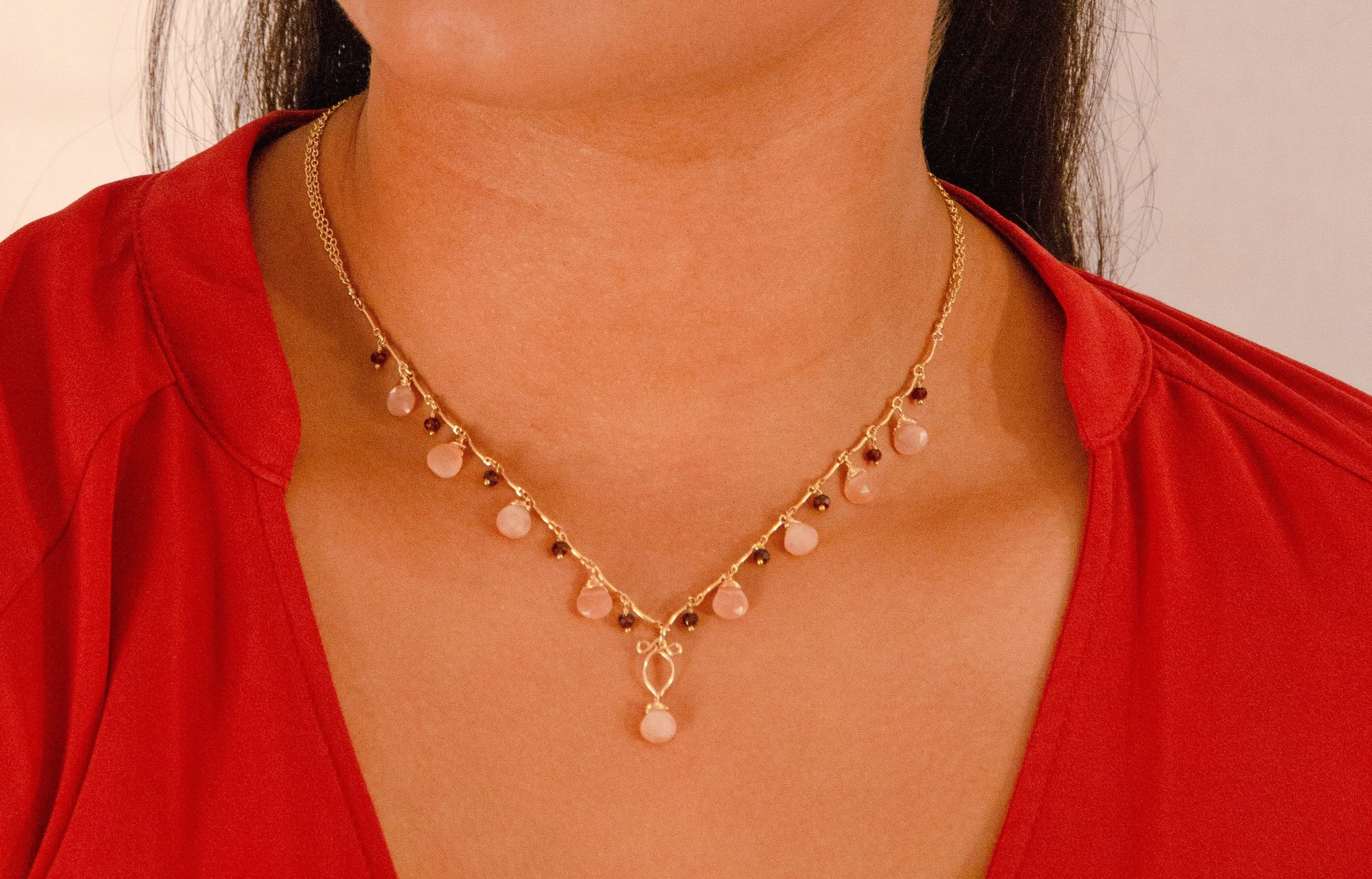 Valentina - Peach Moonstone, Red Garnet 14k Gold Filled Necklace