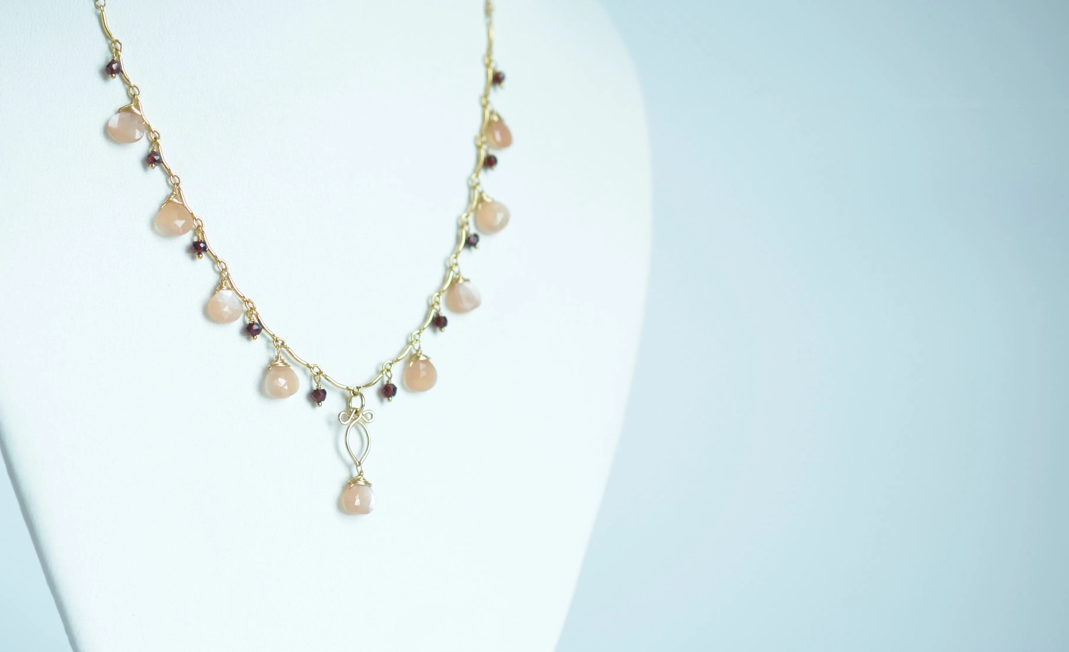 Valentina - Peach Moonstone, Red Garnet 14k Gold Filled Necklace