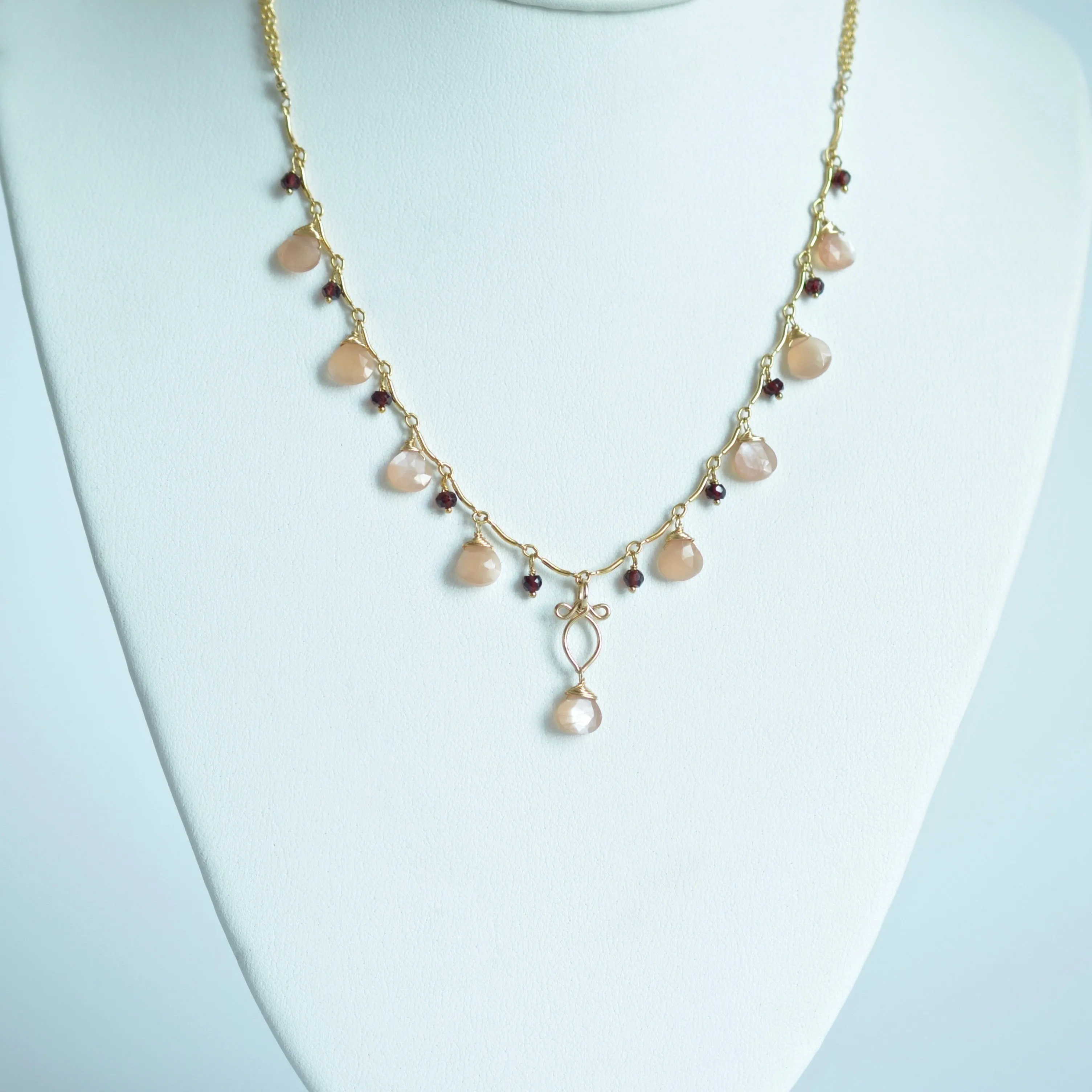 Valentina - Peach Moonstone, Red Garnet 14k Gold Filled Necklace