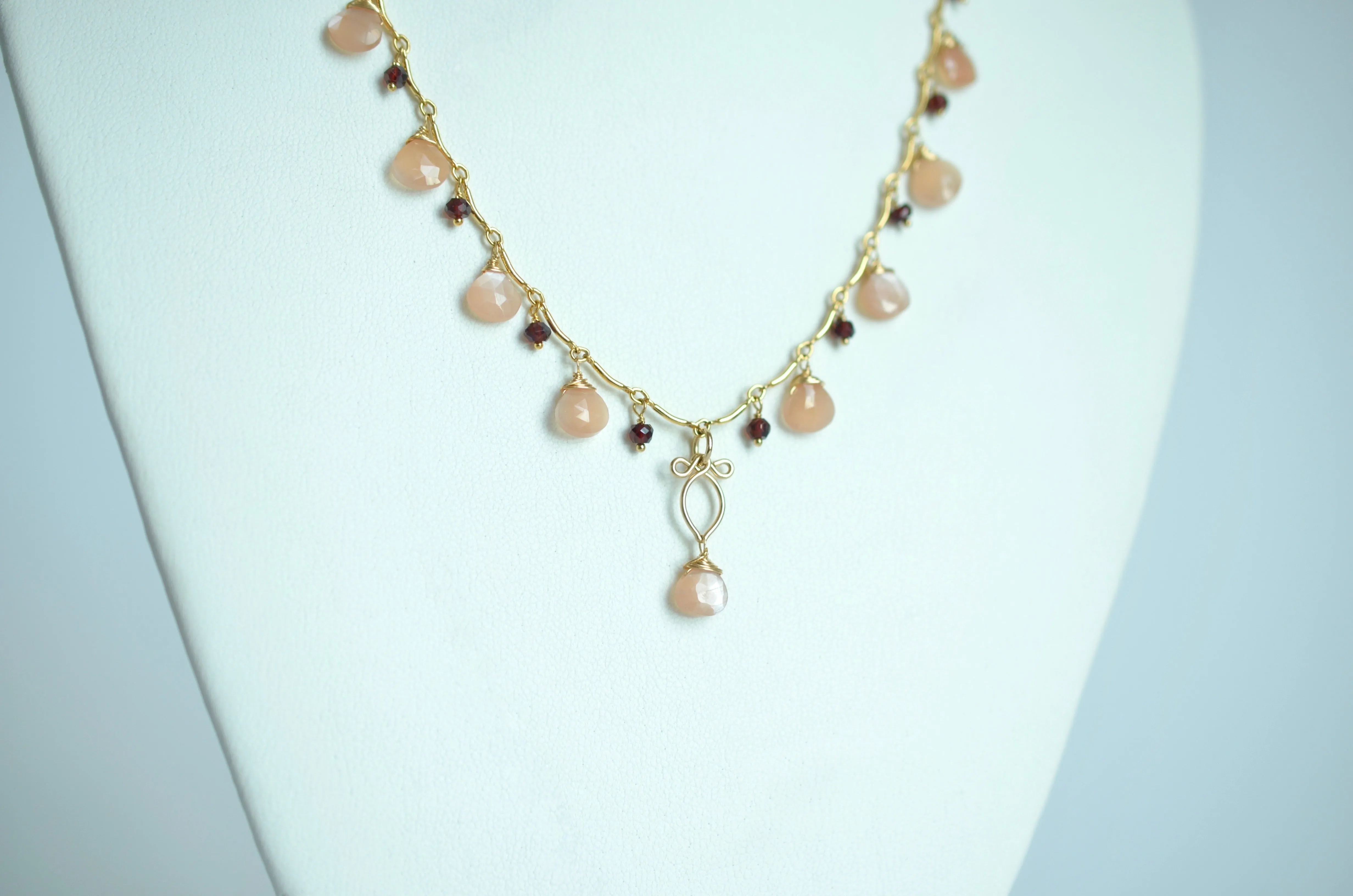 Valentina - Peach Moonstone, Red Garnet 14k Gold Filled Necklace