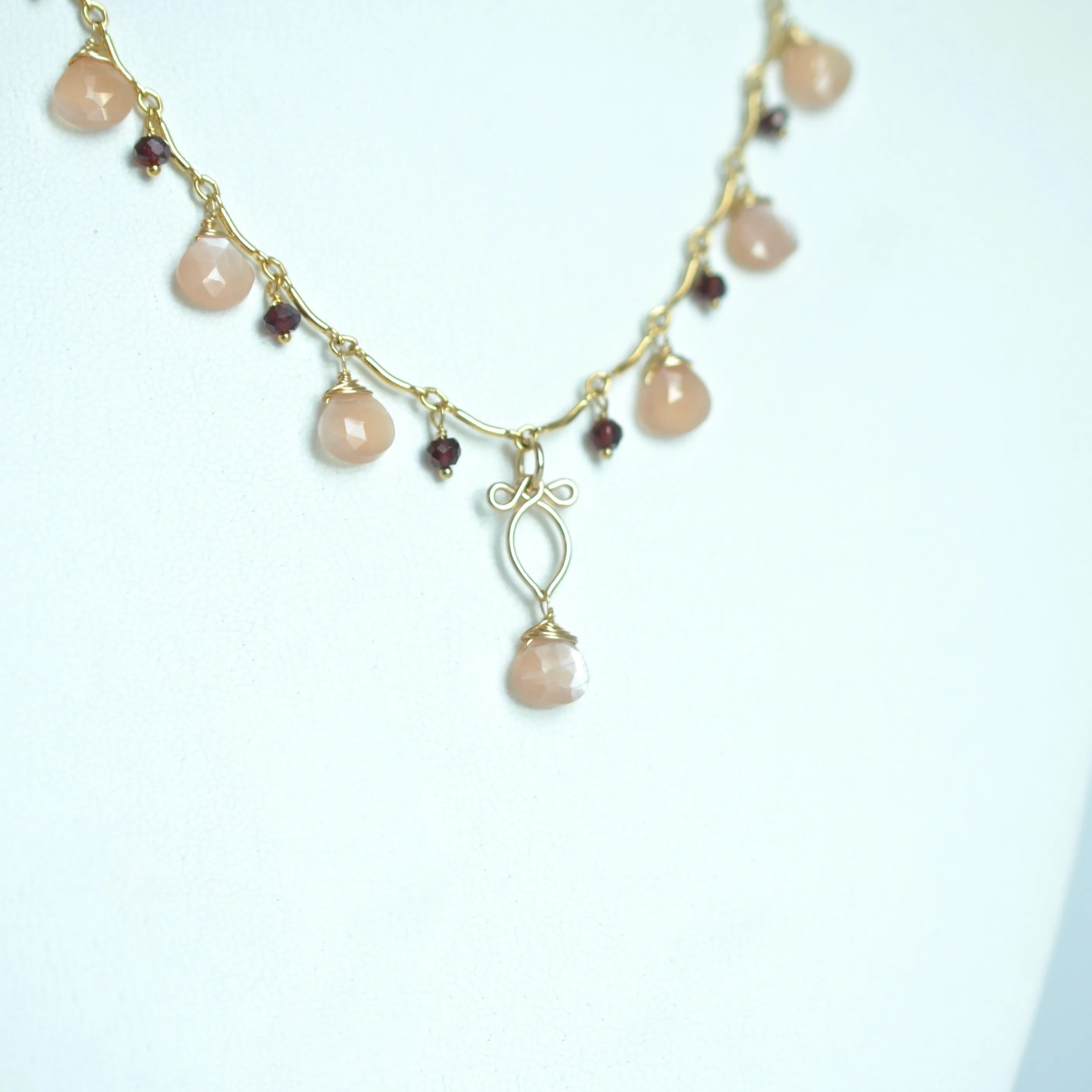 Valentina - Peach Moonstone, Red Garnet 14k Gold Filled Necklace