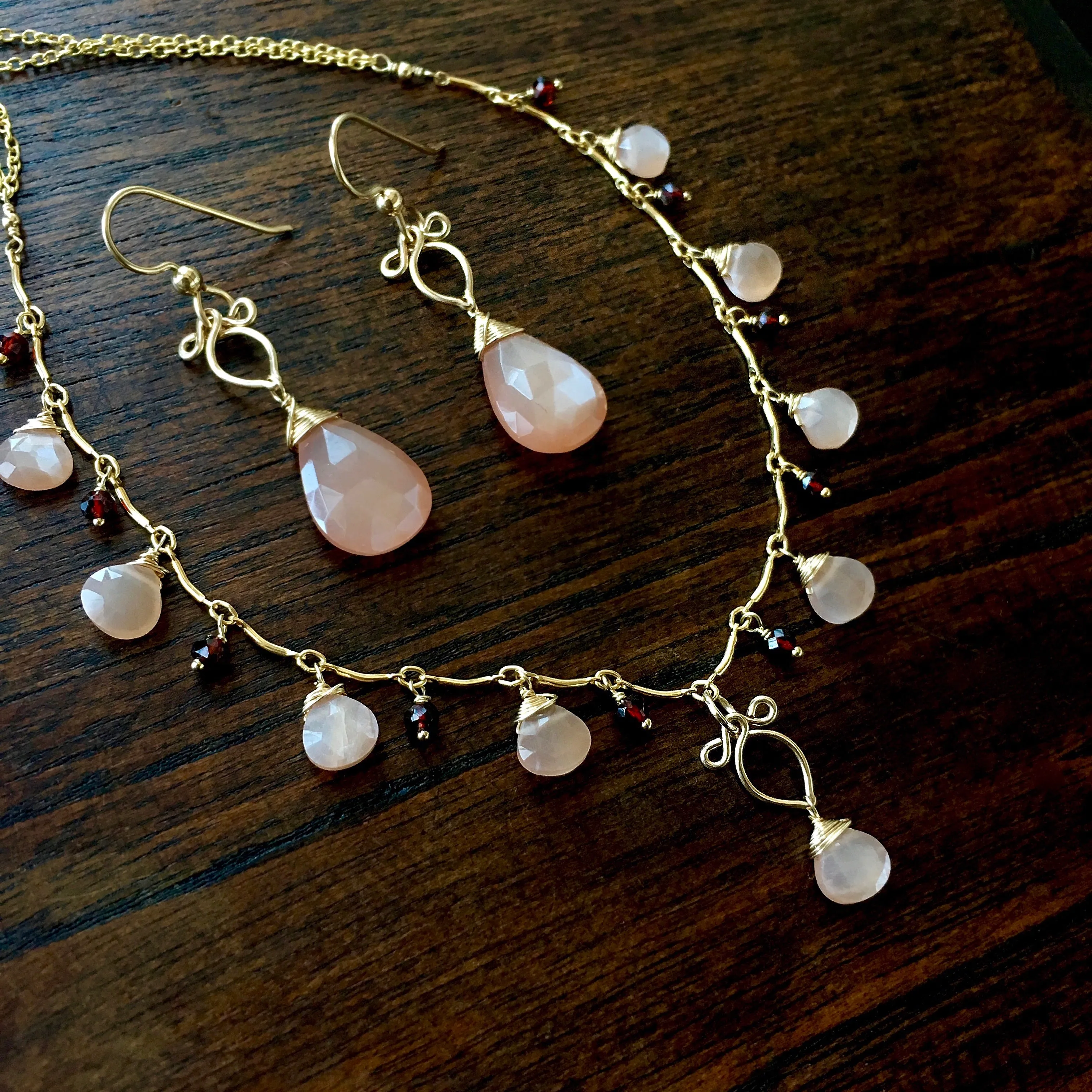 Valentina - Peach Moonstone, Red Garnet 14k Gold Filled Necklace