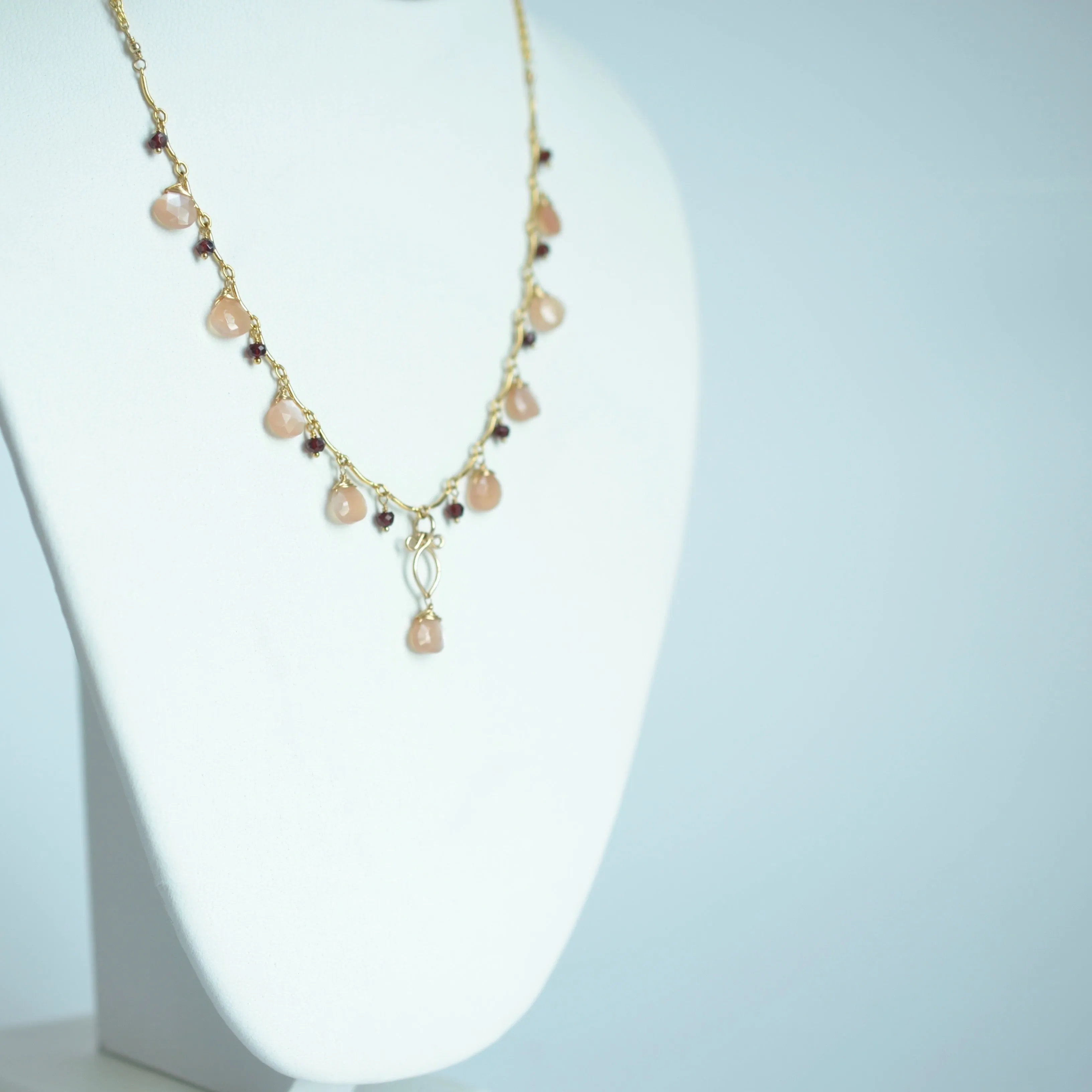 Valentina - Peach Moonstone, Red Garnet 14k Gold Filled Necklace