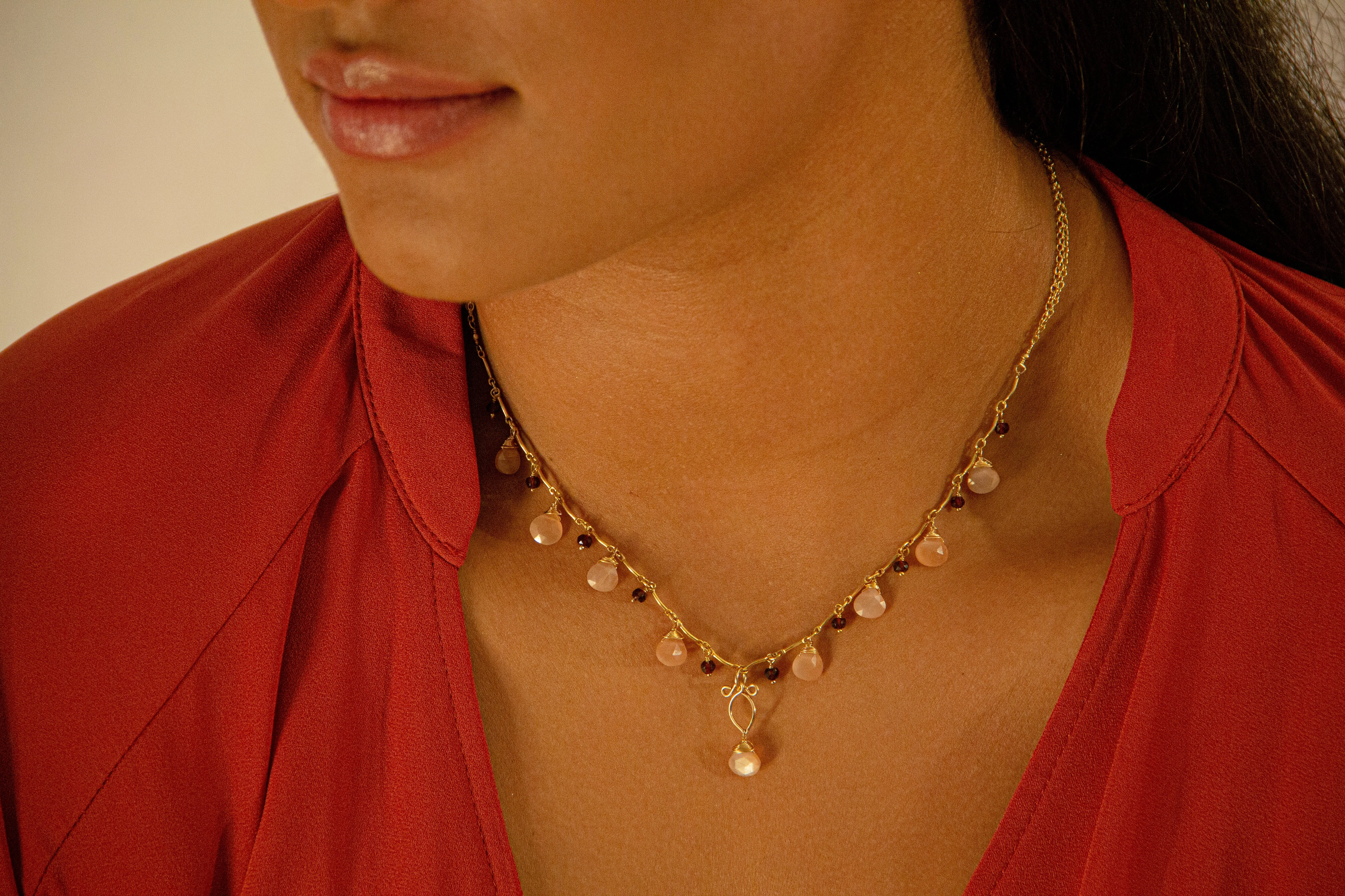 Valentina - Peach Moonstone, Red Garnet 14k Gold Filled Necklace