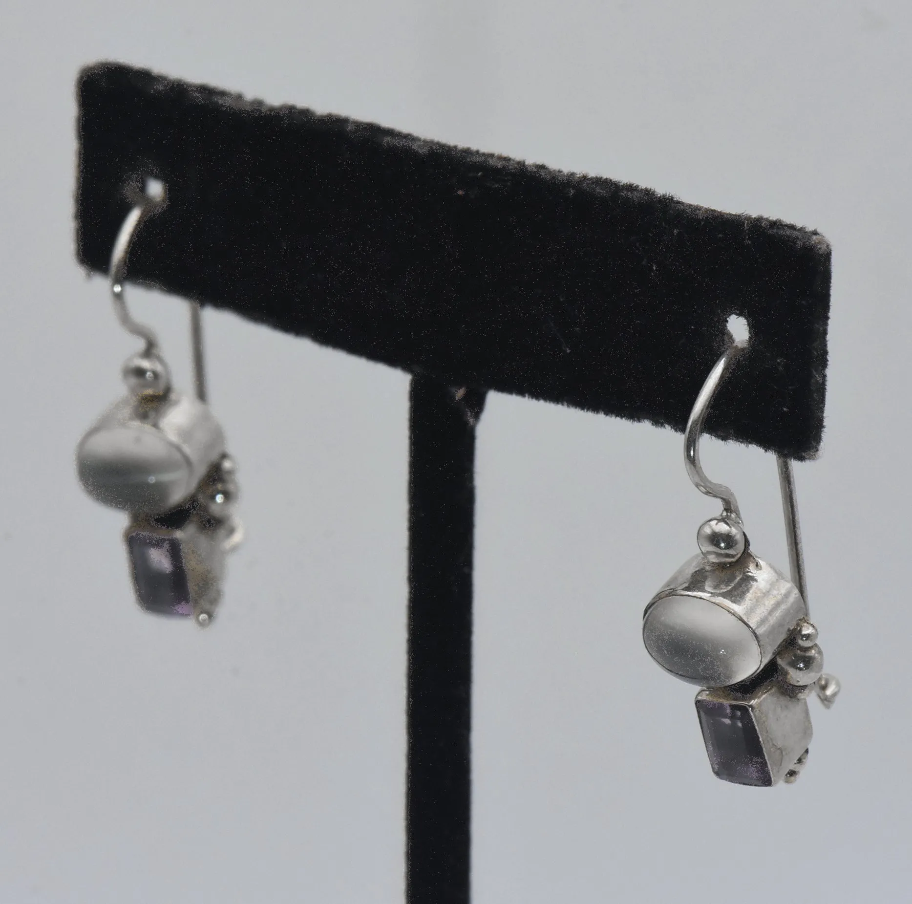 Vintage Cat's Eye Moonstone and Amethyst Sterling Silver Earrings