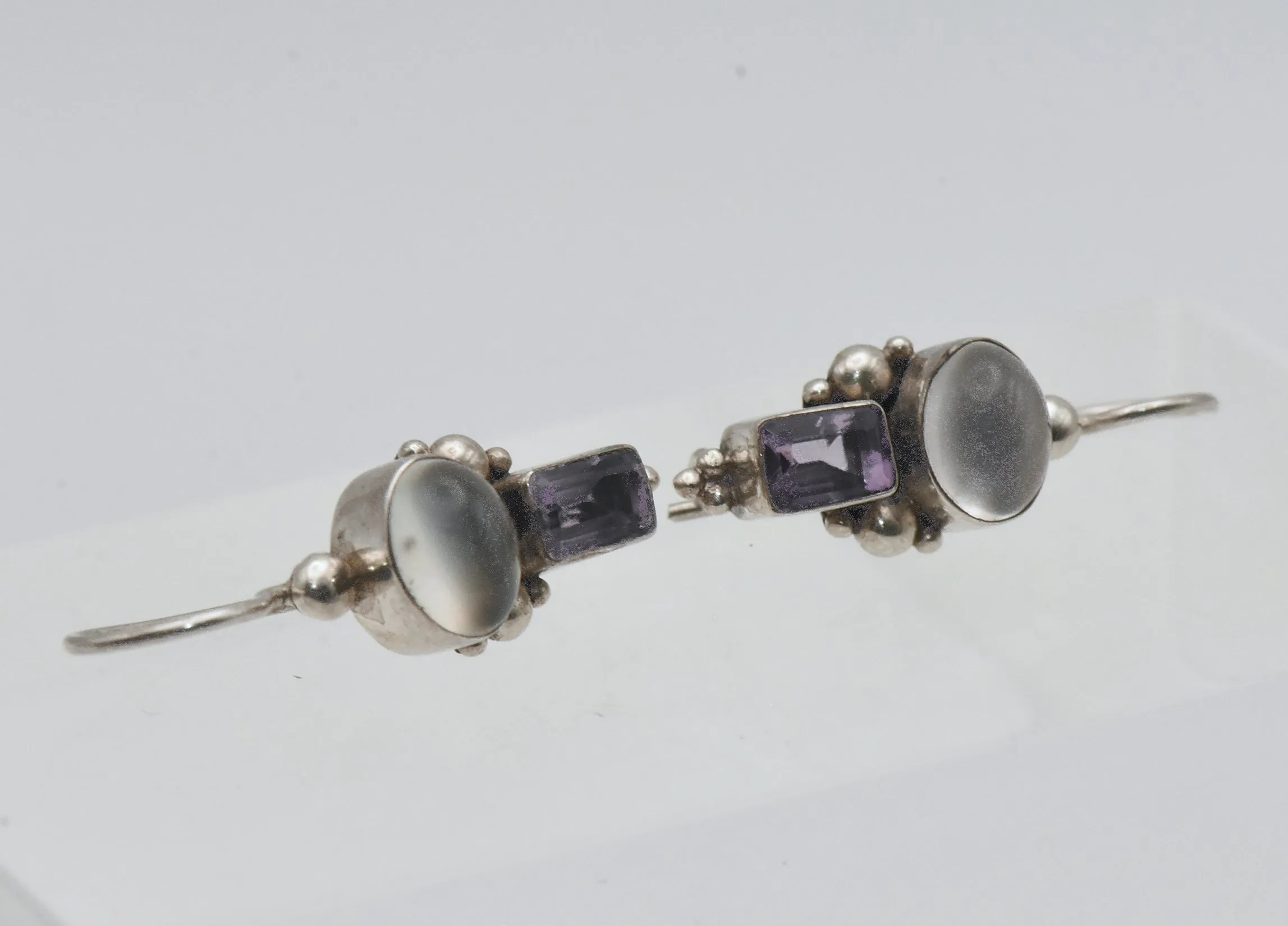 Vintage Cat's Eye Moonstone and Amethyst Sterling Silver Earrings