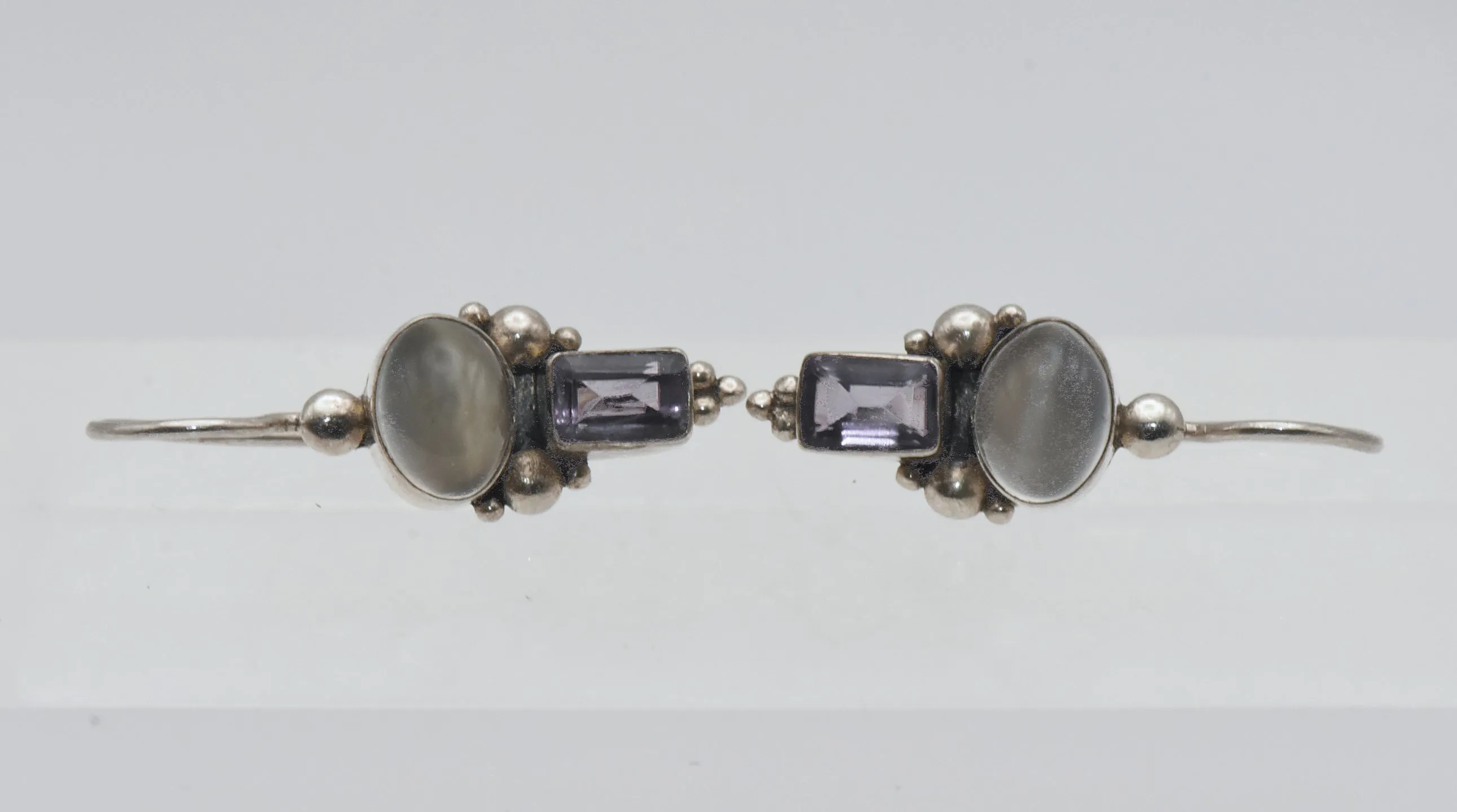 Vintage Cat's Eye Moonstone and Amethyst Sterling Silver Earrings