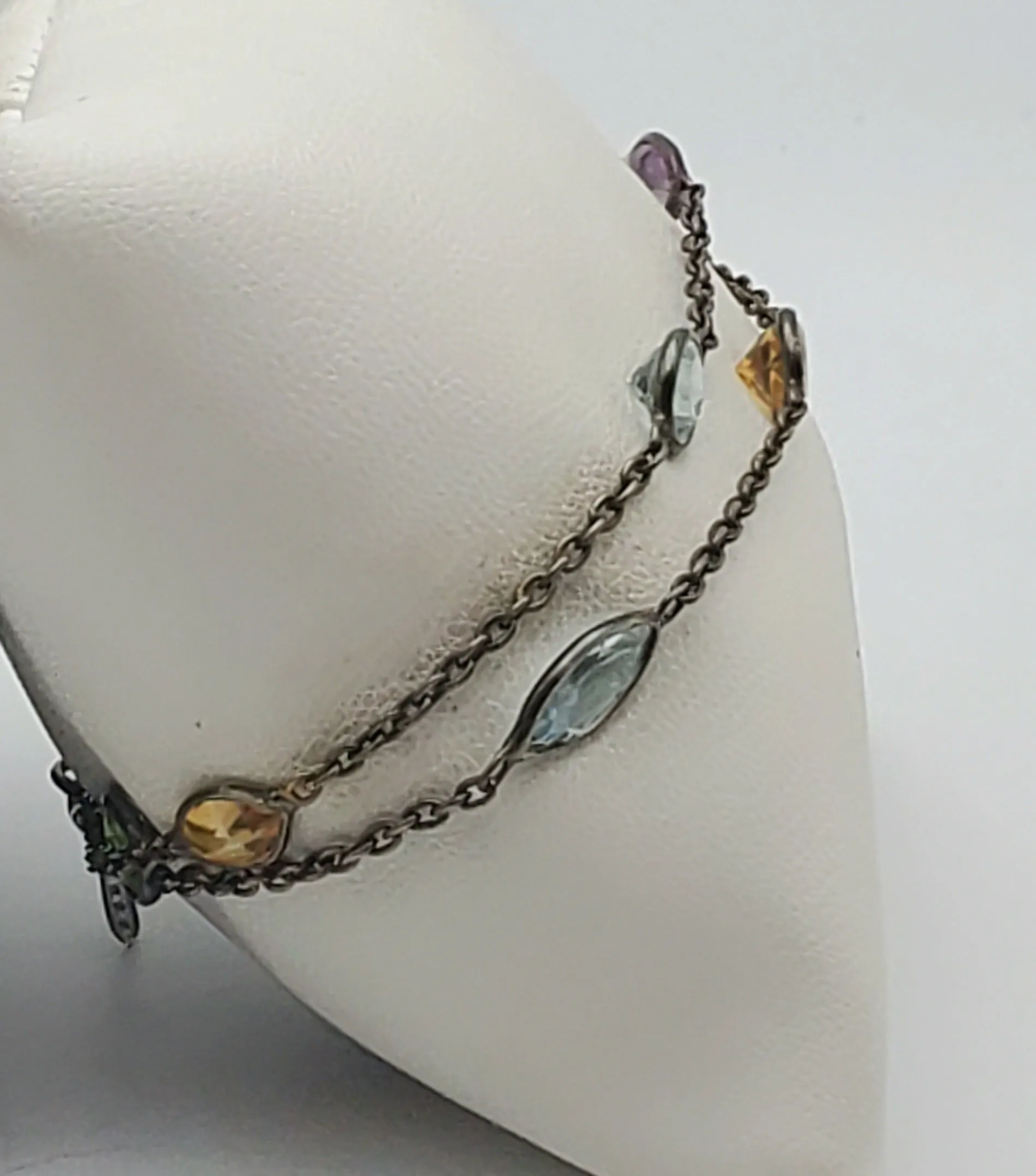 Vintage Double Strand Gemstone Sterling Silver Chain Link Bracelet - 7   1"