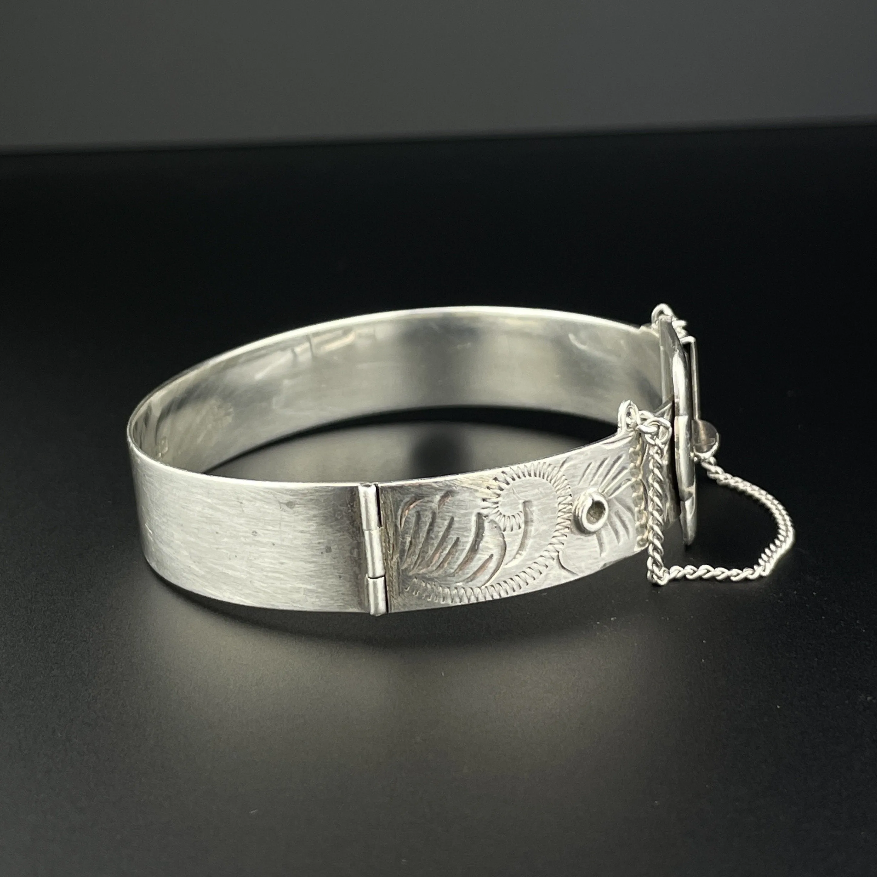 Vintage Engraved Sterling Silver Victorian Revival Buckle Bangle Bracelet