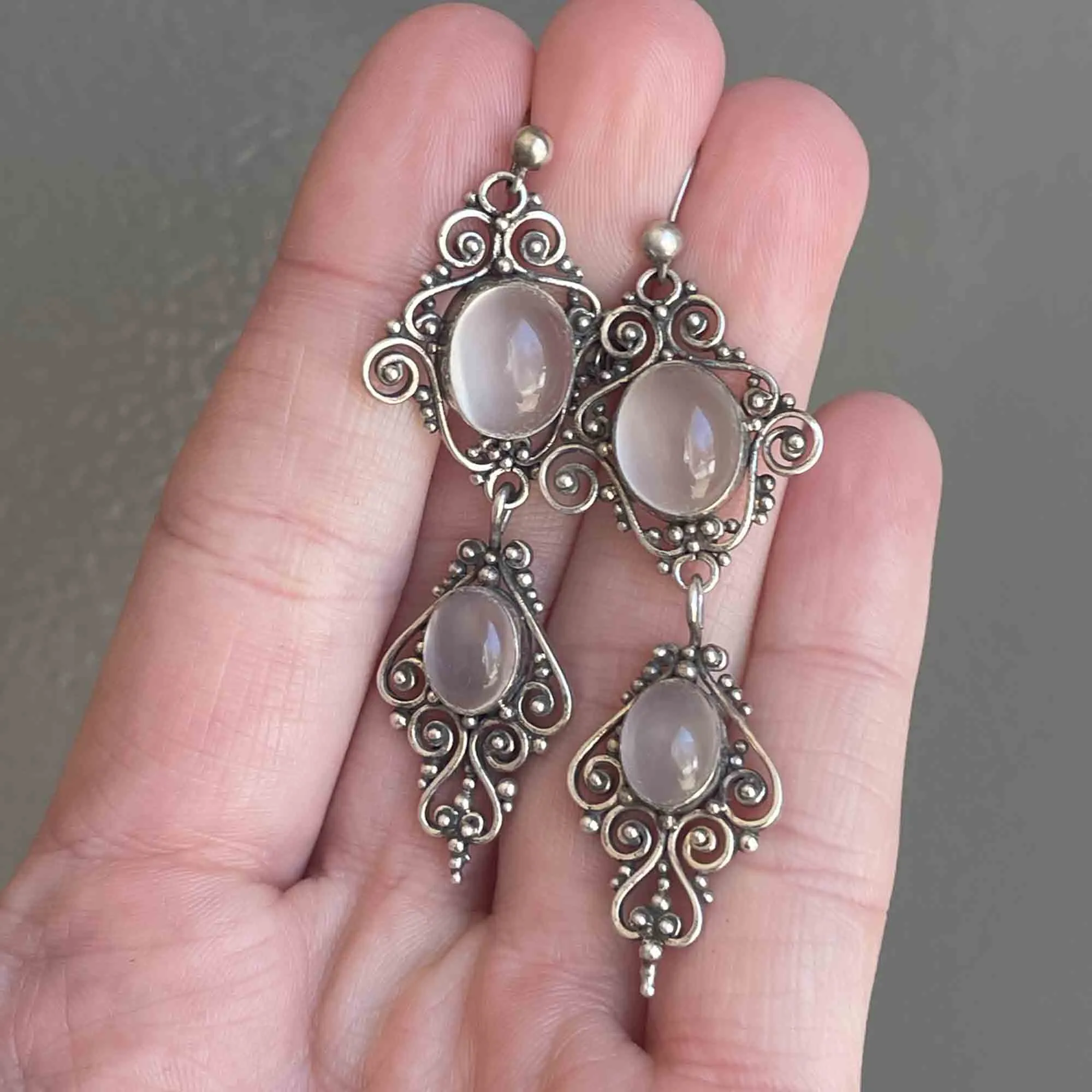 Vintage Moonstone Cabochon Silver Drop Earrings