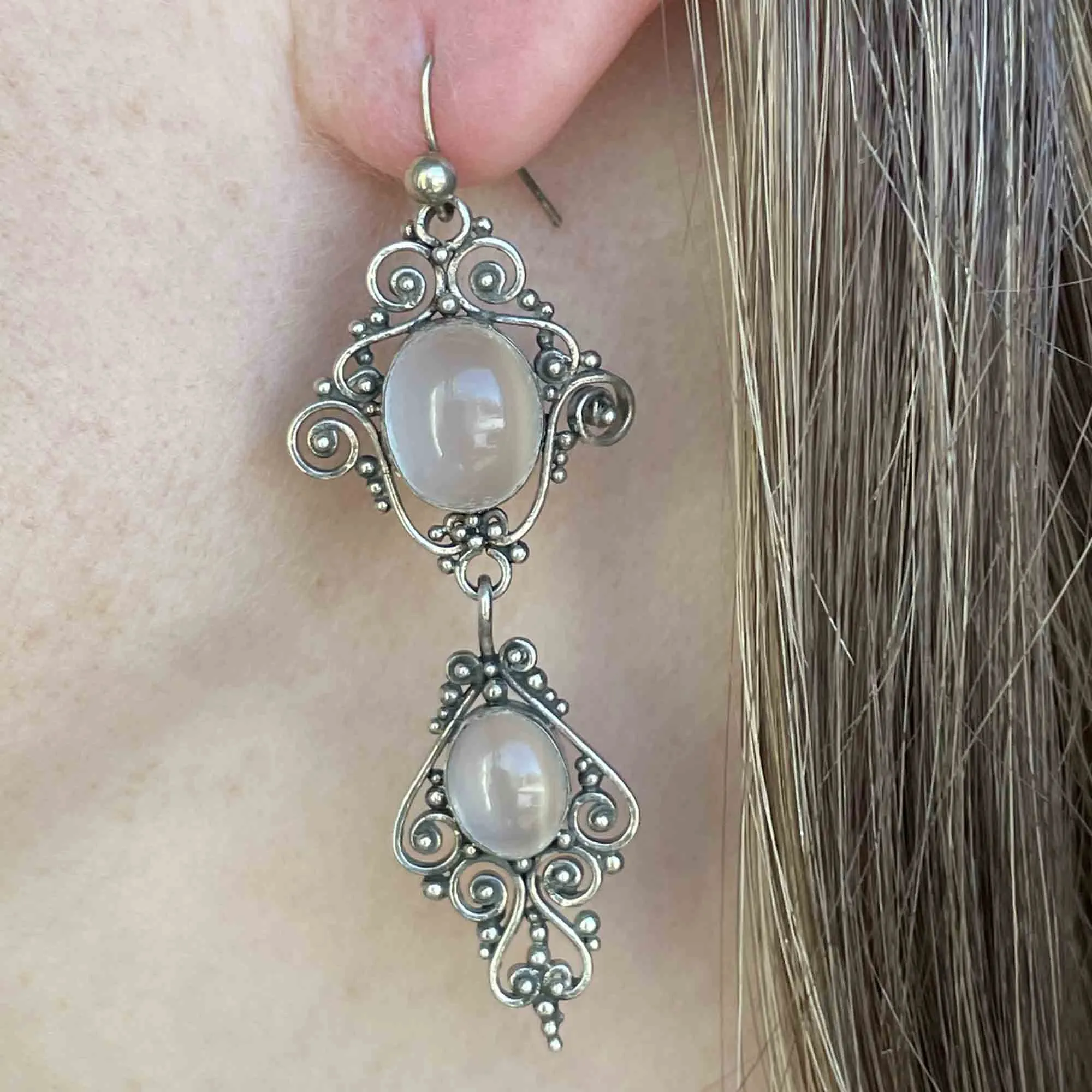 Vintage Moonstone Cabochon Silver Drop Earrings