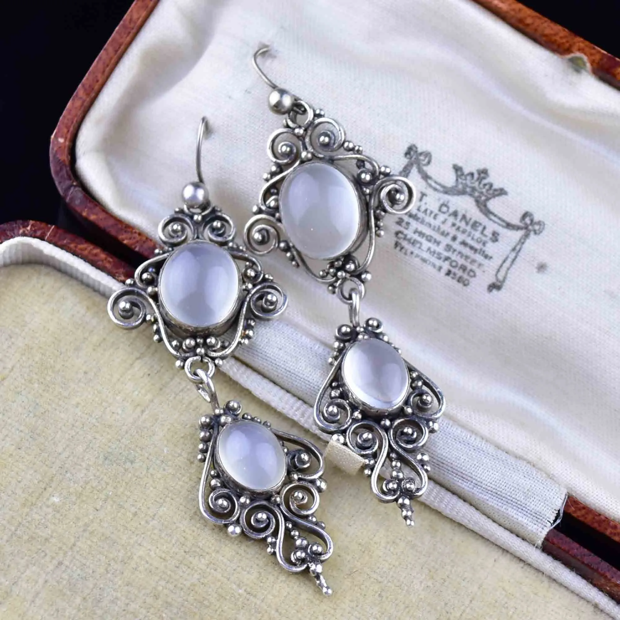 Vintage Moonstone Cabochon Silver Drop Earrings