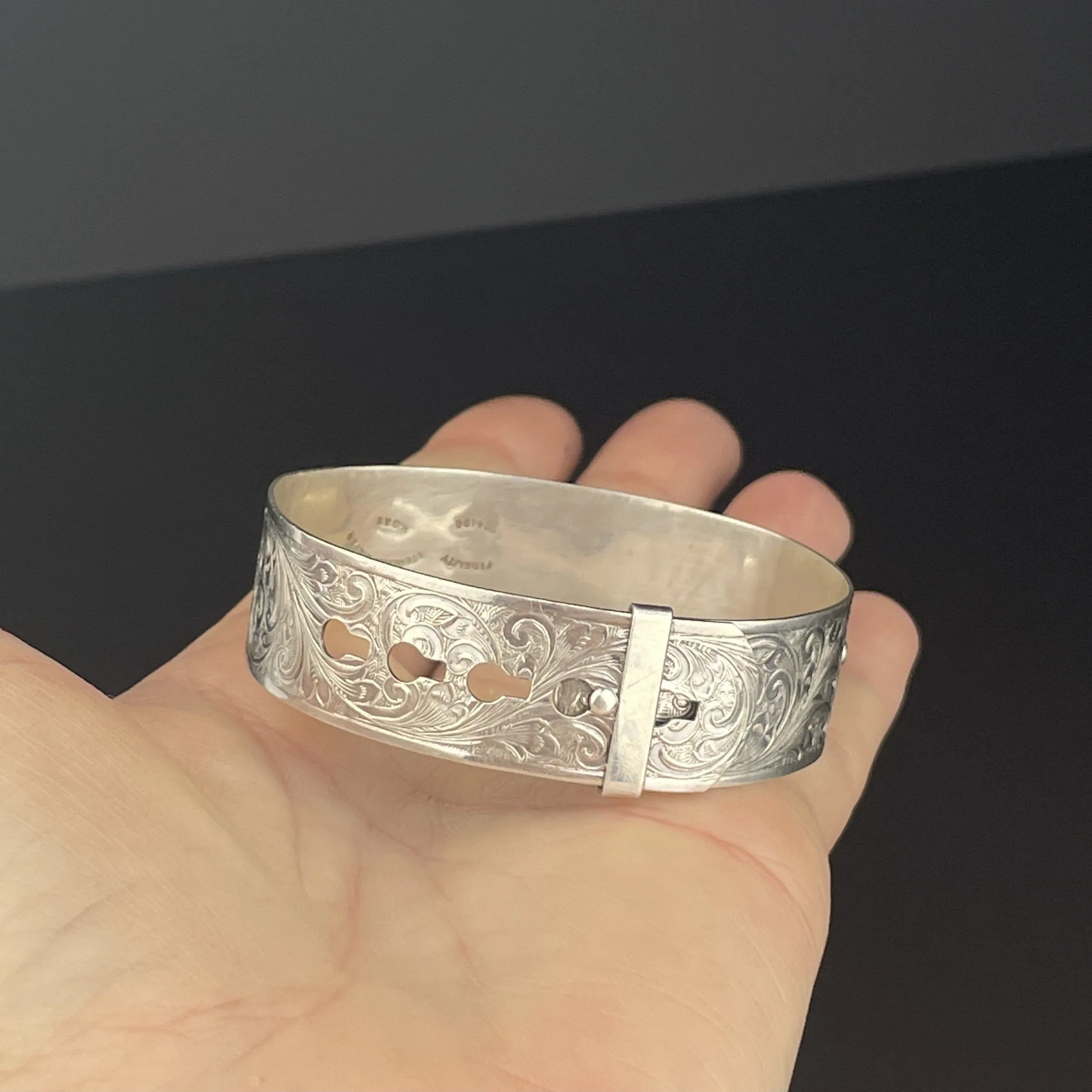 Vintage Sterling Silver Engraved Buckle Bangle Bracelet