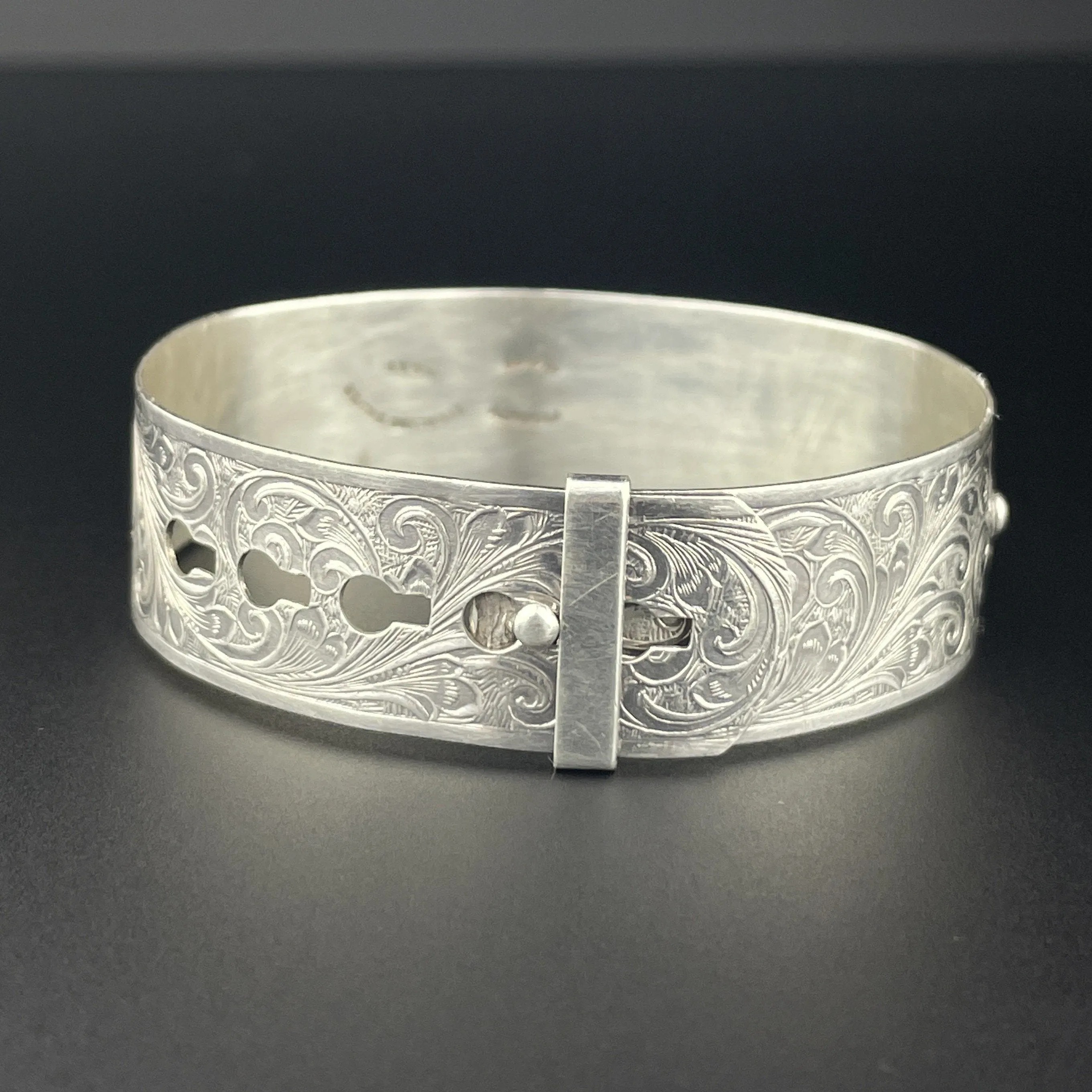 Vintage Sterling Silver Engraved Buckle Bangle Bracelet