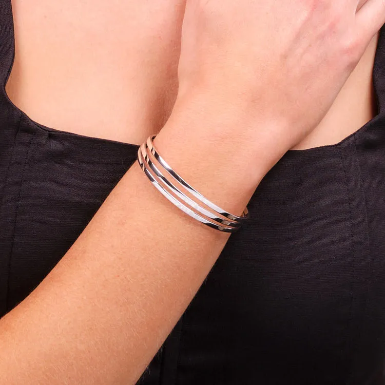 Womens 925 Sterling Silver Cuff Bangle Bracelet Triple-Bars