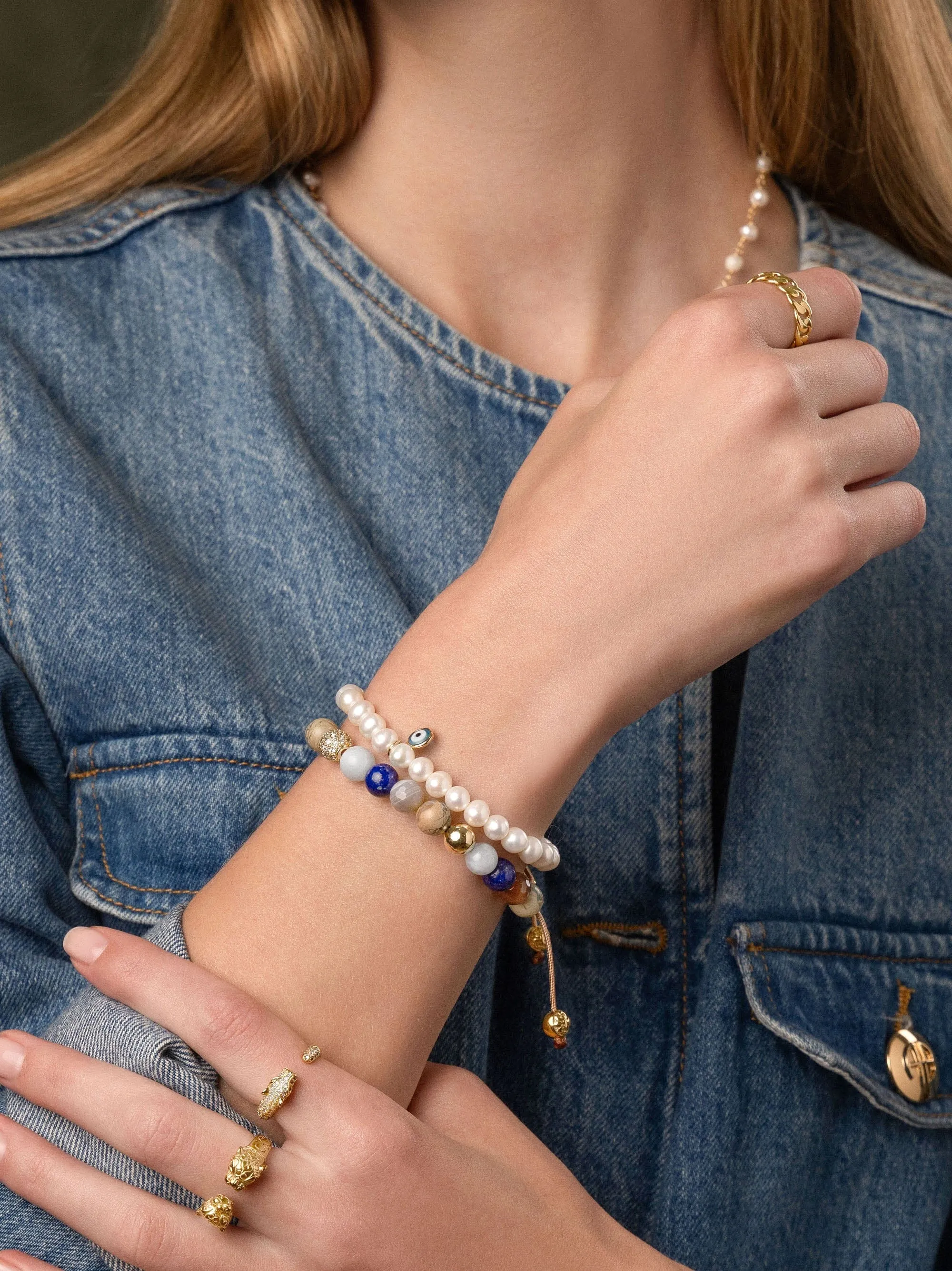 Women's Beaded Bracelet with Aquamarine, Blue Lapis, Opal, and Botswana Agate