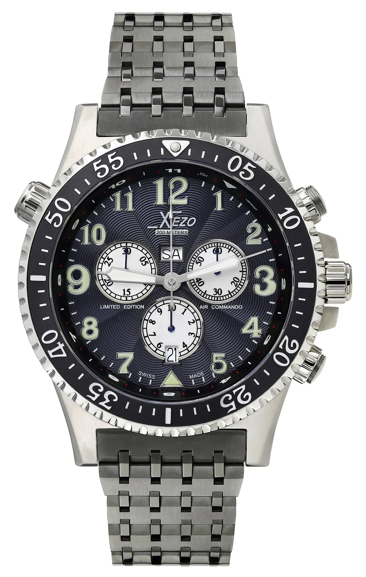 Xezo Air Commando 200-Meter Water Resistant Swiss-Made Chronograph Men's Watch With Second Time Zone (Air Commando D45-SR)